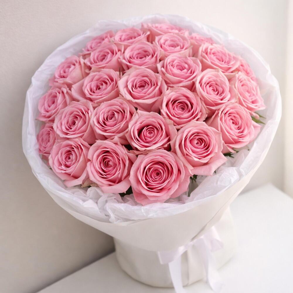 Bouquet of pink roses in white wrapping — Roses Only Winnipeg